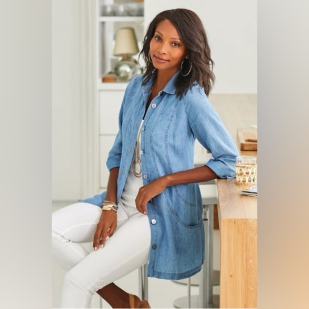 Soft Surroundings Small Rendezvous Tunic Top Light Denim Linen Chambray Pockets